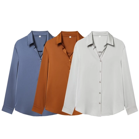 Blusa De Mujer Manga Larga Textura Satén Satén Con Botones Cuello Solapa Color Sólido Elegante
