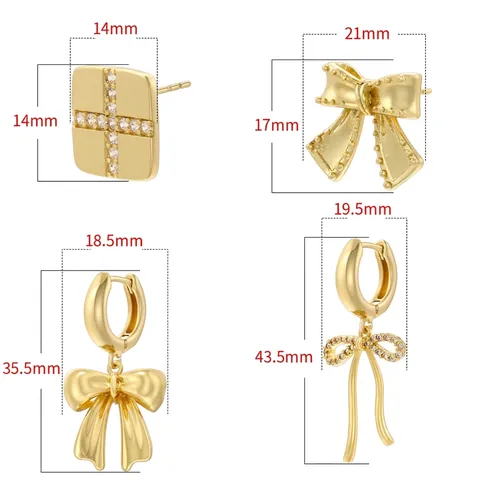 Sweet Copper Gold Plated Bow Earrings Square Cross Zirconia Stud Earrings For Women Personality Fashion Jewelry Gift
