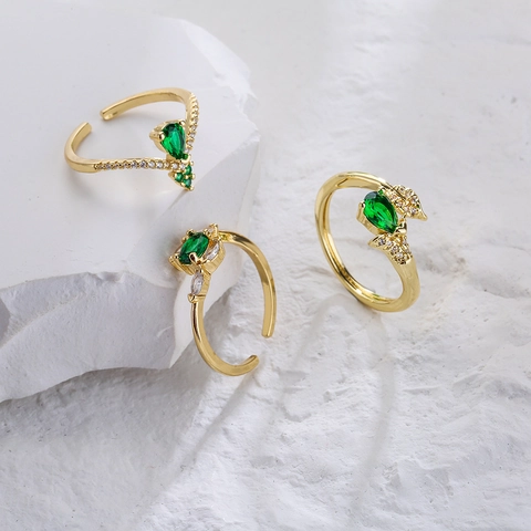 Koperen Echt Vergulde Groene Zirkoon Open Ring Geometrische Vintage Luxe Verstelbare Vinger Juwelen Voor Vrouwen