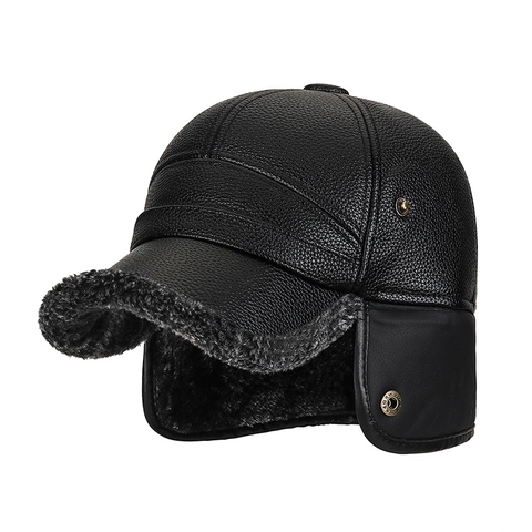 Berretto da Baseball Invernale da Uomo in Pelle PU Paraorecchie Fodera in Pile Caldo Trama Litchi Cappello da Trapper per Anziani