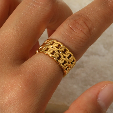 Roestvrijstalen Gelaagde Ketting Holle Verstelbare Ring 18K Verguld Gevlochten Textuur Mode Sieraden Voor Vrouwen