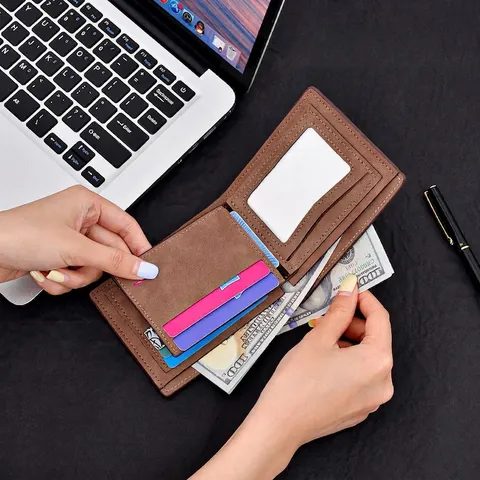 Portafoglio Bifold Da Uomo Pelle PU Satinata Molteplici Slot Per Carte Cuciture A Contrasto Vintage Business