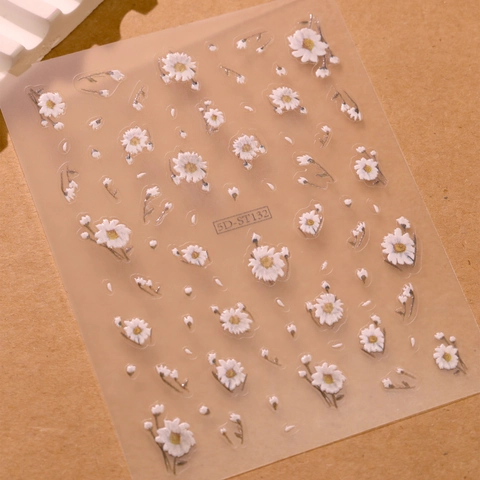 Daisy Flower Embossed Nail Art Stickers Self Adhesive 5D Relief Design Manicure Decals Sweet Ins Style For Women