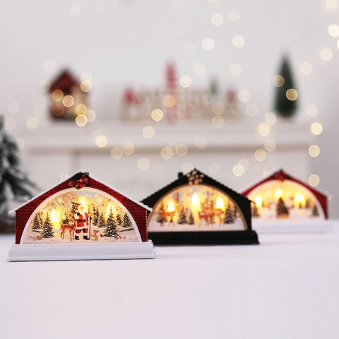 Adorno Navideño Casa LED Decoración Escritorio Festiva Plástico Papá Noel Reno Muñeco De Nieve Escena Brillo Cálido Festivo