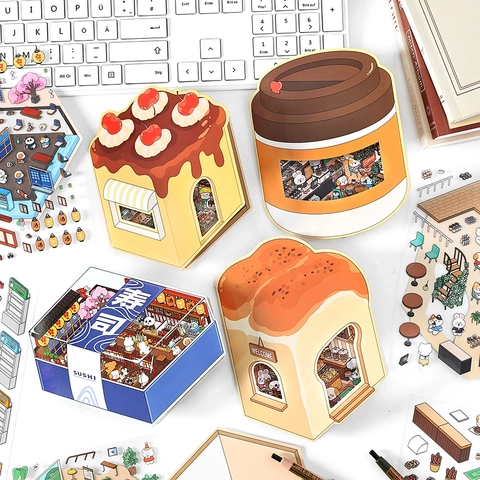 3D Miniature Scene PET Stickers Creative Layered DIY Stickers For Scrapbooking Journal Decoration Shop Theme Stickers