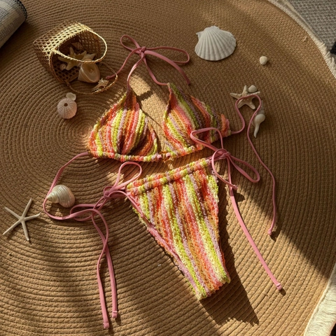 Ensemble Bikini Rayé Pour Femmes Texture Crochet Dos Nu Maillot De Bain À Nouer Sur Les Côtés Plage Vacances