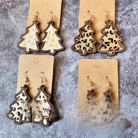 Pendientes De Árbol De Navidad Madera Cuero Pelo De Caballo Leopardo Vaca Bohemio Joyas Festivas Para Mujer