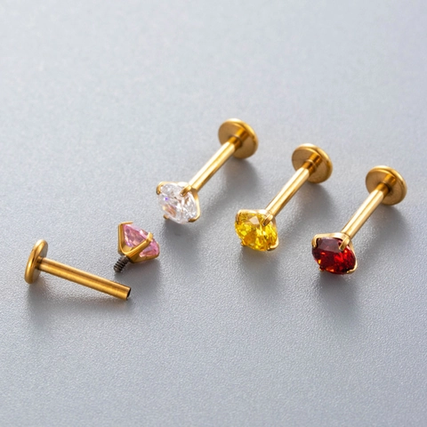 G23 Titanio Labret Stud Filettatura Interna Retro Piatto Gioielli Per Piercing Cartilagine Orecchio Con Zircone Punk