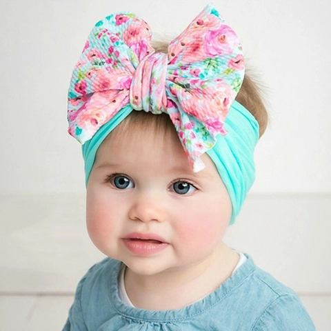 Baby Headband Nylon Elastic Soft Large Bow Knot Floral Print Infant Toddler Turban Hair Band Cute Headwrap