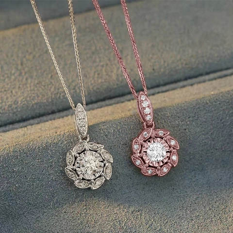 Bloem Hanger Ketting Koper Zirkoon Strass Franse Trendy Elegante Sieraden Voor Vrouwen