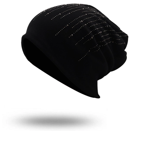 Damen Slouch Beanie Mütze Mit Strasssteinen Baumwollmischung Strickmütze Warm Winter Mode Weich