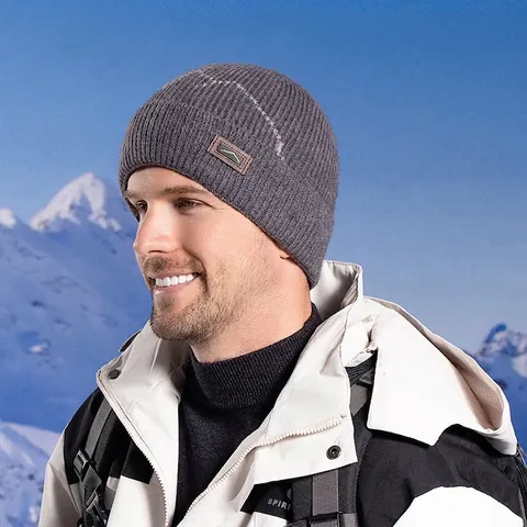 Berretto In Maglia Invernale Da Uomo Foderato In Pile Caldo Antivento All'Aperto Sci Motivo Montagna Toppa In Pelle Acrilico