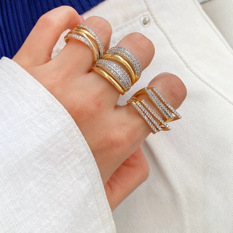 18K Gold Plated Copper Zirconia Open Ring For Women Fashion Multi-layer Geometric Adjustable Finger Ring Jewelry Gift
