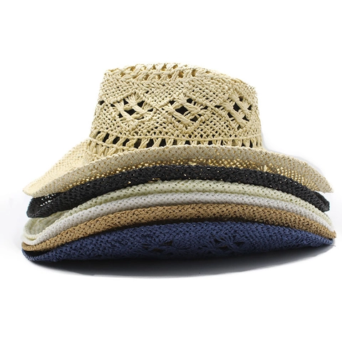 Handmade Hollow Out Cowboy Straw Hat Breathable Wide Brim Western Sun Hat For Summer Beach Travel Vacation Men Women