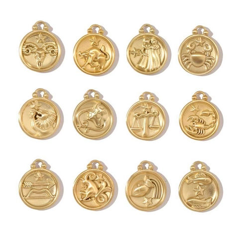 Pendentifs Signe Du Zodiaque Double Face En Acier Inoxydable Gaufré Plaqué Or Mat Accessoires De Bijoux DIY