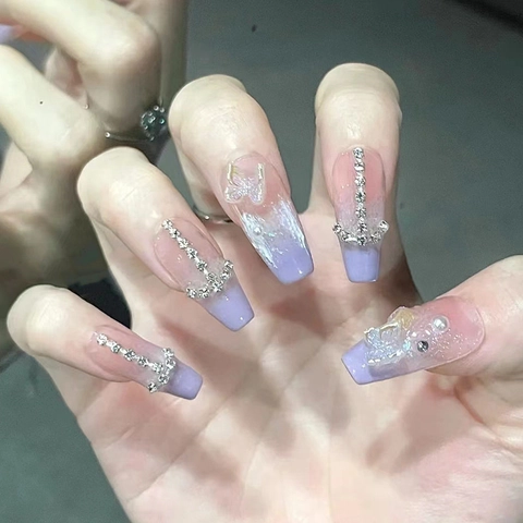 Uñas Postizas Largas Degradado Púrpura Taro Mariposa Diamantes De Imitación Perla Artificial Brillo Elegantes Uñas Artificiales