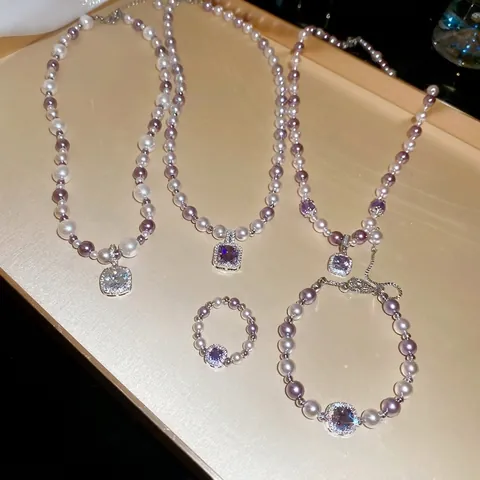 Hanger Ketting Vierkante Paarse Zirkoon Imitatieparels Koper Retro Elegante Sieraden Voor Dames