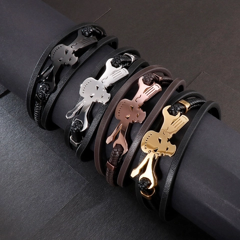 Bracciale Uomo Multistrato In Vera Pelle Con Ciondolo Teschio Chiave In Acciaio Inossidabile Intrecciato Punk Retro Bangle Chiusura Magnetica
