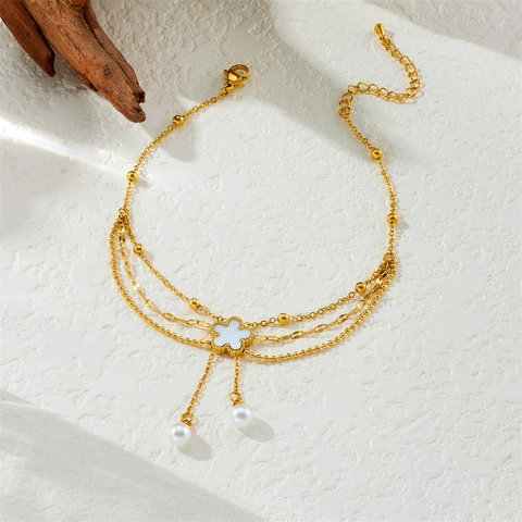 Edelstahl Gold Mehrlagiges Fußkettchen Muschelblume Künstliche Perle Quaste Eleganter Sommerschmuck Für Damen