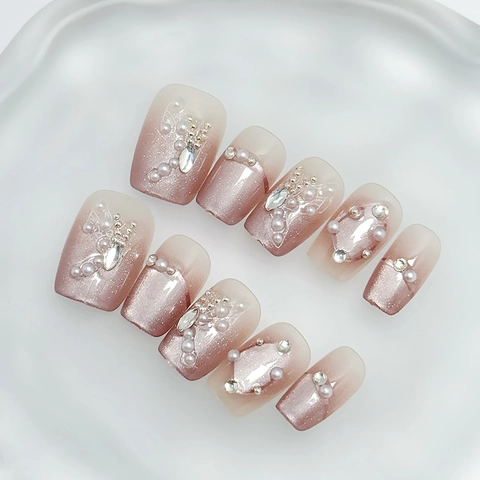 Unghie Press On Occhio Di Gatto Rosa Fatte A Mano Sfumate Farfalla Perla Artificial Strass Dolce Lusso Decorazione Per Nail Art Da Donna