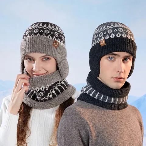 Winter Knit Hat And Neck Warmer Thermal Fleece Lined Windproof Ear Protection Fair Isle Jacquard Outdoor Unisex