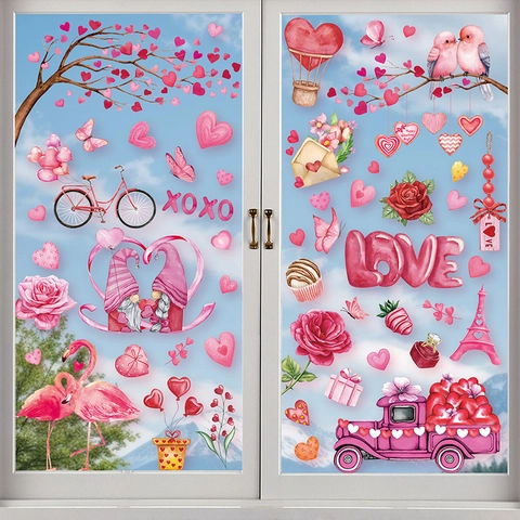 Valentine Day Window Clings Double Sided Static PVC Stickers Romantic Gnome Heart Decor For Home Glass Shop