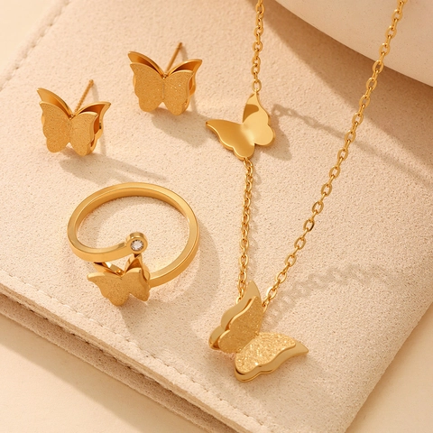 Mode Matte 18K Verguld Roestvrij Staal Vlinder Sieraden Halsketting Oorknopjes Verstelbare Ring Sieraden Collectie
