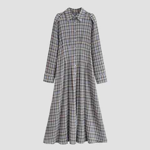 Plaid Long Sleeve Shirt Dress Polyester Button Up Turn Down Collar Vintage Midi Casual A-Line For Women