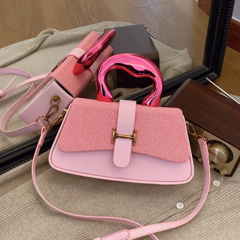 Women Fashion Contrast Color PU Leather Crossbody Bag With Metallic Handle H Buckle Patchwork Small Square Top Handle Handbag