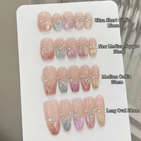 Handgemaakte Plaknagels Macaron Kattenoog Gradiënt Elegant French Tip Met Glinsterende Steentjes Voor Vrouwen