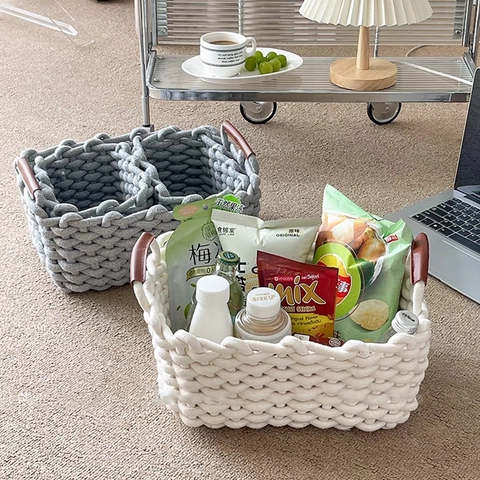 Cestas De Almacenamiento Tejidas Cubo De Cuerda De Algodón Con Asas De Cuero Organizador De Escritorio Plegable Para Cosméticos Snacks Estilo Nórdico