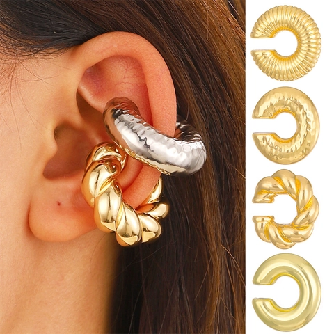 Klobige Ear Cuffs Für Damen Ohne Piercing Legierung Metall Gerippt Gehämmert C-Form Clip-Ohrringe Minimalismus Mode