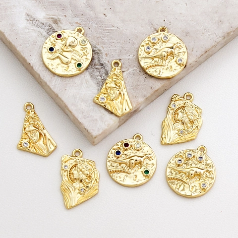 Dijes De Cobre Chapado En Oro Vintage Con Circonita Retro Relieve Diosa Ángel Dinosaurio Para Fabricación De Joyas DIY