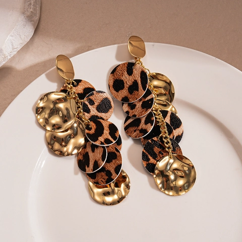 Leopard Muster Ohrhänger Leder Gehämmertes Metall Geometrische Runde Scheiben 925 Sterling Silber Ohrstecker Boho
