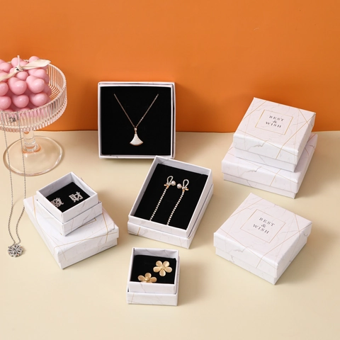 Modern Marble Pattern Jewelry Box With Gold Stamping Cardboard Necklace Ring Earrings Storage Case Floral Gift Packaging Bag