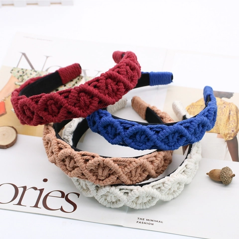 Retro Hand-Woven Cotton Rope Headband Wide Knitted Hair Band Women Face Washing Styling Accessory Solid Color Bohemian