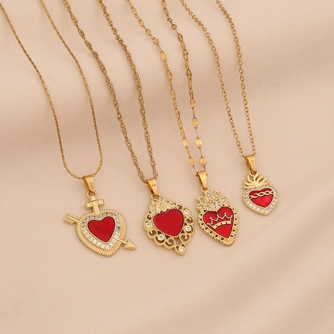 Collana Pendente Sacro Cuore Vintage Placcato Oro Rame Acciaio Inossidabile Smalto Rosso Zircone Corona Fiamma Croce Donne