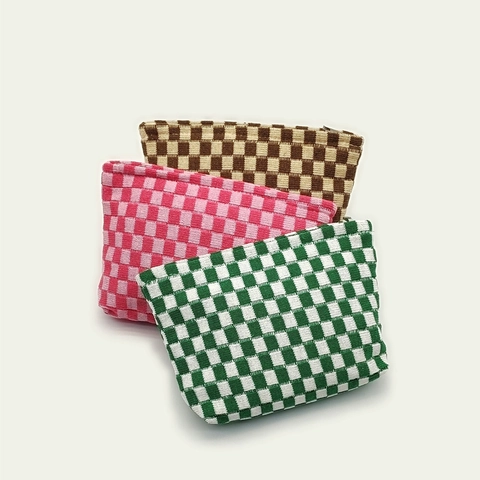 Knitted Checkerboard Makeup Bag Large Capacity Polyester Yarn Zipper Cosmetic Pouch Travel Toiletry Organizer For Women