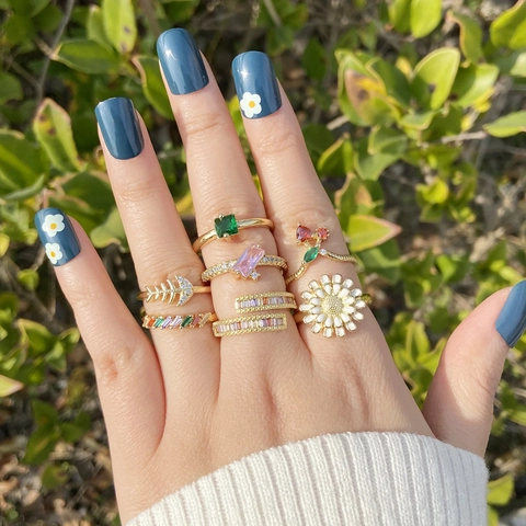 Bague Ouverte Réglable Cuivre Zircon Incrusté Marguerite Cerise Arête De Poisson Pierre Géométrique Bijoux Mode Femmes