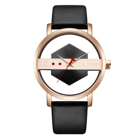 Mode Skelett Hohl Transparent Quarz Uhr Mit Lederarmband Legierung Gehäuse Unisex Casual Analog Armbanduhr