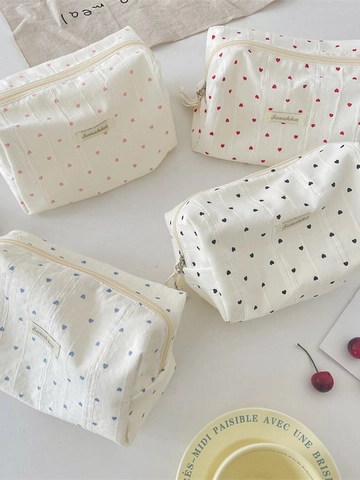Borsa Per Trucco In Seersucker Con Motivo A Cuore Beauty Case Da Viaggio Portatile Organizzatore Di Archiviazione Per Donne