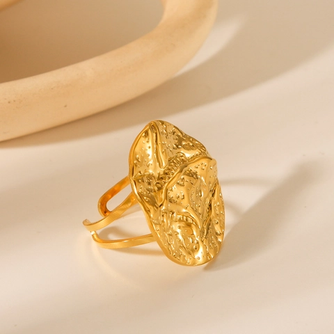 Hammered Texture Ring 18K Gold Plated Stainless Steel Irregular Round Lava Open Adjustable Exaggerated Minimalist For Women