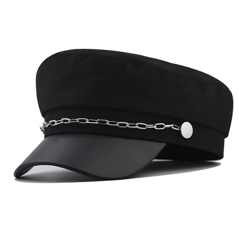 Women Vintage Newsboy Hat Cotton PU Leather Patchwork Military Cap With Silver Metal Chain Flat Top British Style Beret