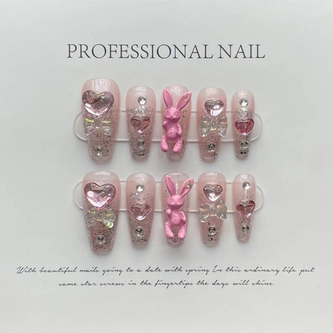 Unghie Finte Fatte A Mano Sfumate Rosa Glitter Con Coniglio 3D Cuore Strass Ballerina Per Donna