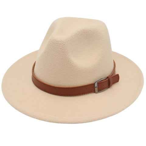 Vintage Woolen Fedora Hat Wide Brim With Leather Belt Buckle Retro British Style Elegant Jazz Cap For Men Women