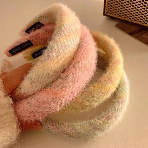 Plush Headband Women Faux Mohair Colorful Rainbow Wide Brim High Top Hair Band Handmade Soft Sweet Winter Accessories