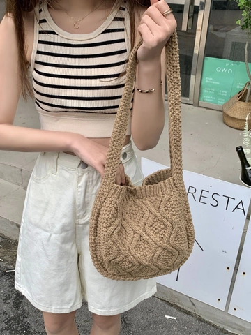 Borsa A Spalla In Maglia Tote Intrecciata Motivo A Rombi Poliestere Fatta A Mano Borsa Vintage Per Donna