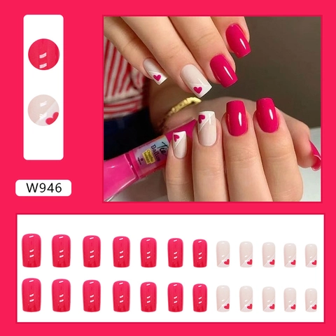 Square Press On Nails Slanted French Heart Pattern Rose Red Glossy Long Fake Nails For Women Manicure