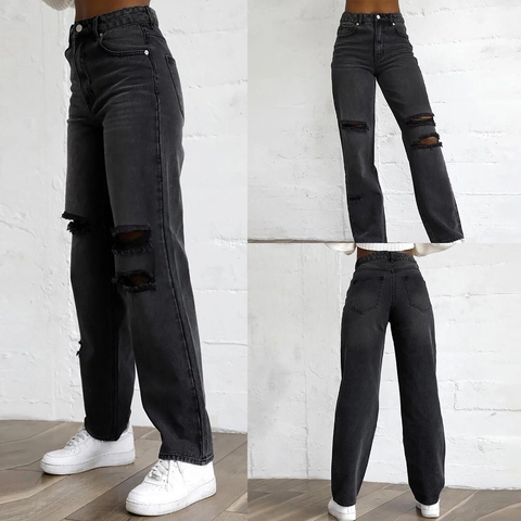 Women Ripped Jeans Black Cotton Denim High Waist Wide Leg Straight Distressed Chic Streetwear
