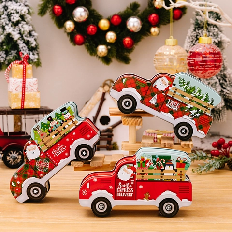 Christmas Truck Shape Tinplate Box Candy Storage Container Holiday Party Gift Packaging Reusable Metal Car Jar